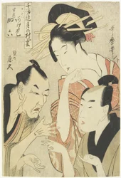 De courtisane Agemaki, de ridderlijke man Sukeroku, Ikyu met baard, 1798-1800